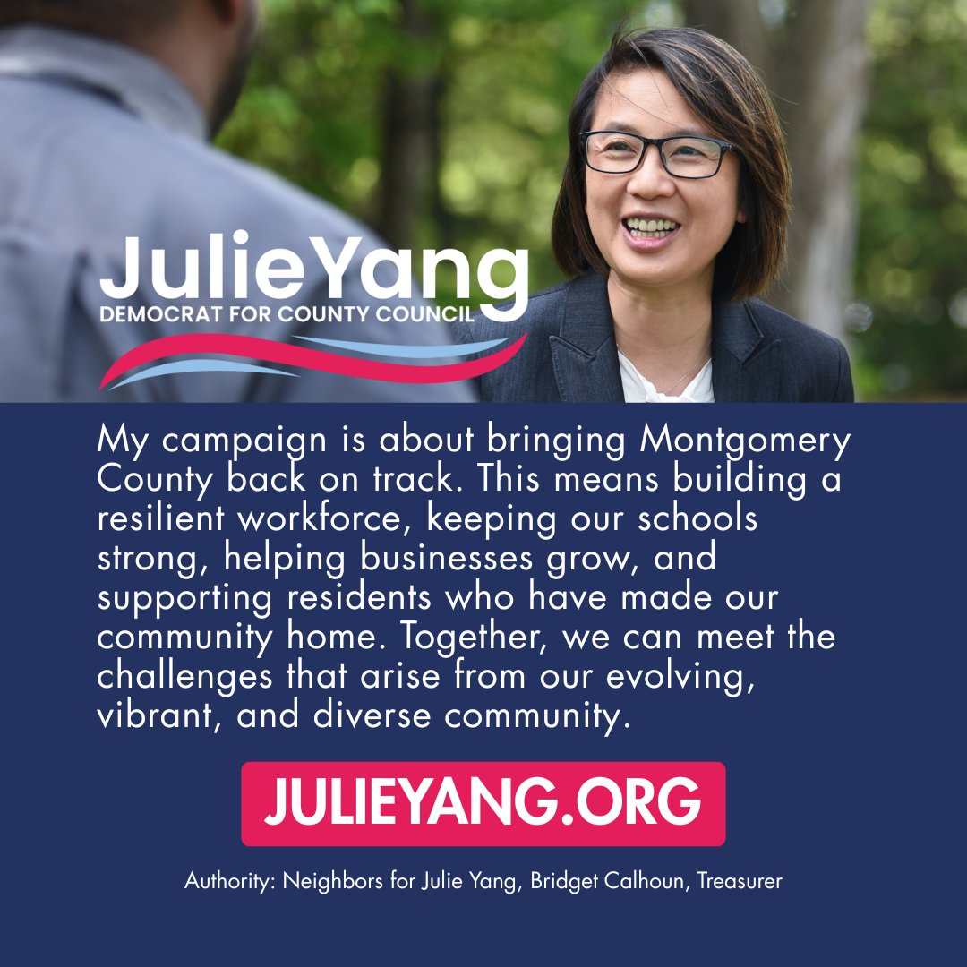JulieYangMoCo's tweet photo. 🚨 BIG NEWS!  I'm officially running for Montgomery County Council in District 1! I'm ready to put our community back on track. We need:
🏢 A Resilient Workforce 
📚 Strong Schools
📈 Growing Businesses

Learn more: https://t.co/up3G3p51e0
#TeamJulie #OurNeighbor #WorkingForUs https://t.co/1hbIAUYfWp