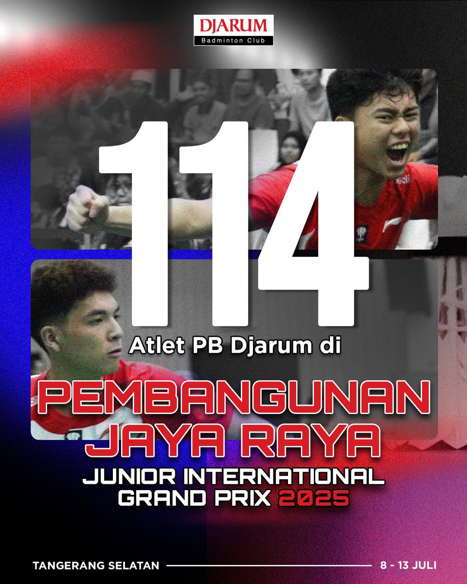 Sebanyak 114 atlet akan kembali membela PB Djarum dan berlaga di #PembangunanJayaRaya2025 Sobat! ​​​
​​
Semangat! 💪😤​​​
​​​
#TeruskanSemangatBersama #TeruskanSemangatJuara #PBDjarumOfficial #PBDjarum #badminton
