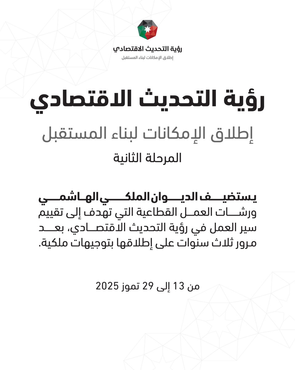 يستضيف الديوان الملكي الهاشمي، ابتداء من يوم الأحد المقبل، 13 تموز، سلسلة من ورشات العمل القطاعية التي تهدف إلى تقييم سير العمل في رؤية التحديث الاقتصادي، بعد مرور ثلاث سنوات على إطلاقها بتوجيهات ملكية.

#رؤية_التحديث_الاقتصادي

للمزيد 👈shorturl.at/Y4ozH