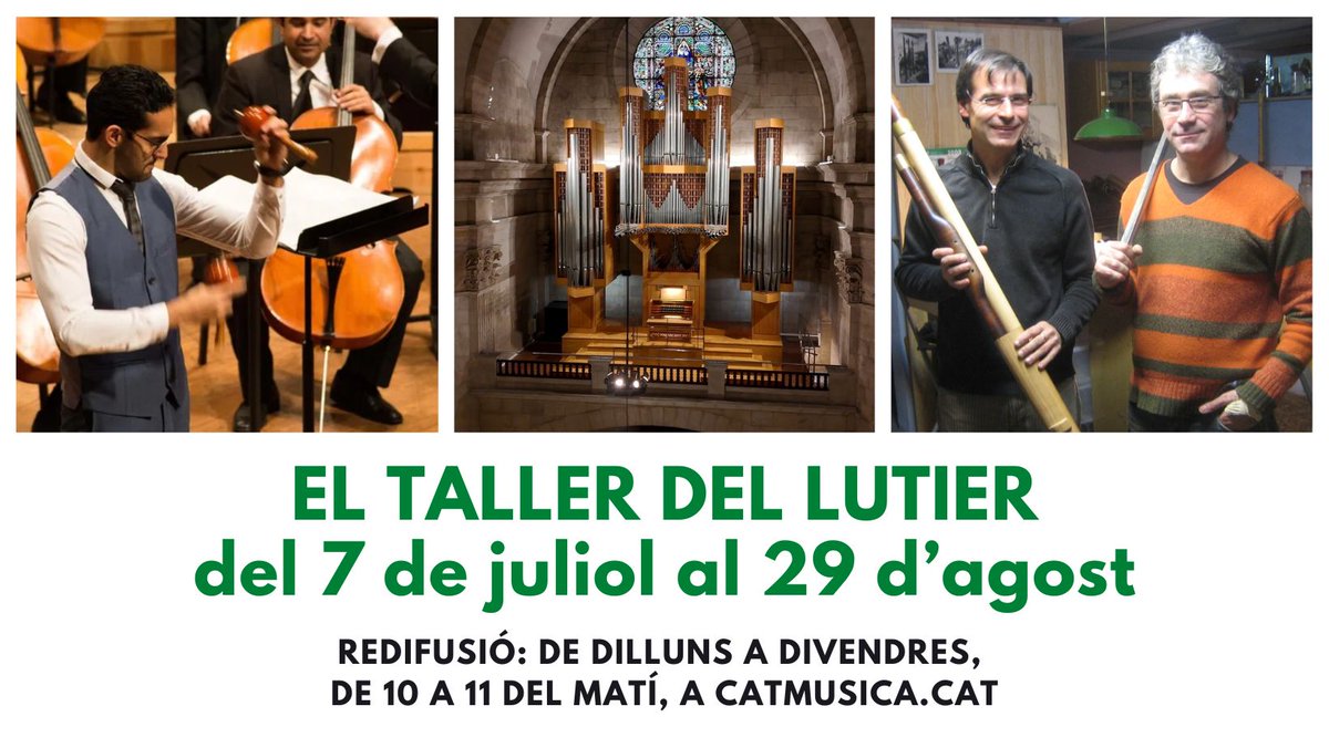 🎻Si voleu saber més coses sobre els instruments musicals, no us perdeu la reemissió del #TallerLutier3Cat aquest estiu a l'antena i al web de Catalunya Música. 

De dilluns a divendres, de 10 a 11 del matí. Fins al 29 d'agost!