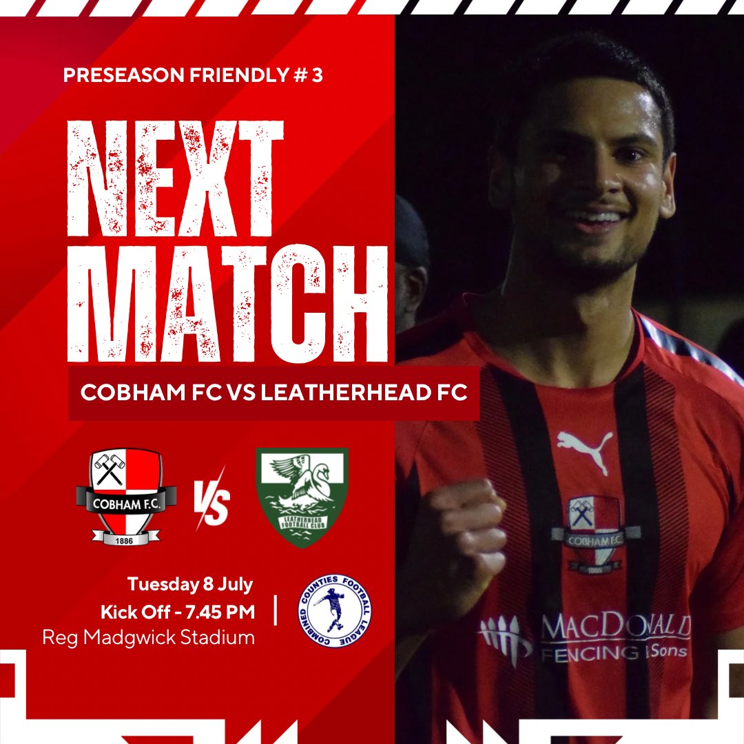 COBHAM FOOTBALL CLUB (@cobham_fc) on Twitter photo โฝ๏ธ ๐จ๐ฝ ๐ก๐ฒ๐
๐ | Preseason Game Number 3!
๐ <a href="/LeatherheadFC/">Leatherhead FC</a>
๐ Friendly
๐๏ธ TUE 8 JUL
๐ 7.45PM KO
๐๏ธ The Reg Madgwick Stadium (KT11 1AA)
๐๏ธ Adults ยฃ5 | U16 Free
๐ ๐บHot Food and Drinks Available
๐จ๐ฝ ๐ง๐ต๐ฒ ๐๐ฎ๐บ๐บ๐ฒ๐ฟ๐! โ๏ธโค๏ธ โฝ๏ธ ๐จ๐ฝ ๐ก๐ฒ๐
๐ | Preseason Game Number 3!
๐ <a href="/LeatherheadFC/">Leatherhead FC</a>
๐ Friendly
๐๏ธ TUE 8 JUL
๐ 7.45PM KO
๐๏ธ The Reg Madgwick Stadium (KT11 1AA)
๐๏ธ Adults ยฃ5 | U16 Free
๐ ๐บHot Food and Drinks Available
๐จ๐ฝ ๐ง๐ต๐ฒ ๐๐ฎ๐บ๐บ๐ฒ๐ฟ๐! โ๏ธโค๏ธ