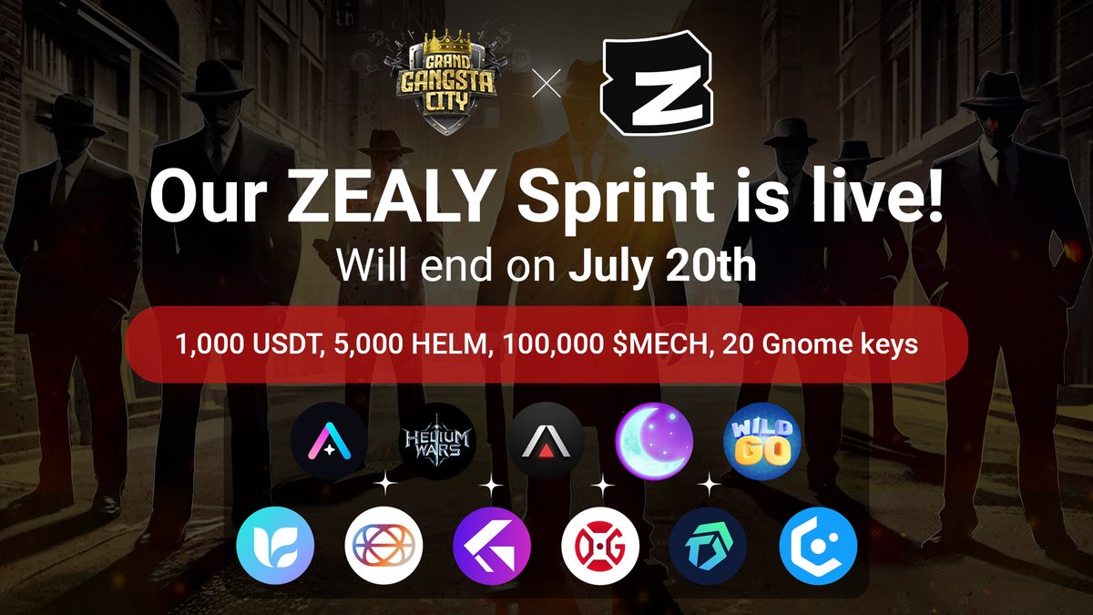 🚨 Grand Gangsta City campaign is LIVE on <a href="/zealy_io/">Zealy</a> 🚨

We have got an even bigger Pre-TGE sprint for you guys💥

Complete simple tasks, support us and our partners and get a chance to win amazing rewards.

Prize Pool:
🔹1,000 USDT
🔹5,000 $HELM
🔹100,000 $MECH
🔹20 Gnome Keys