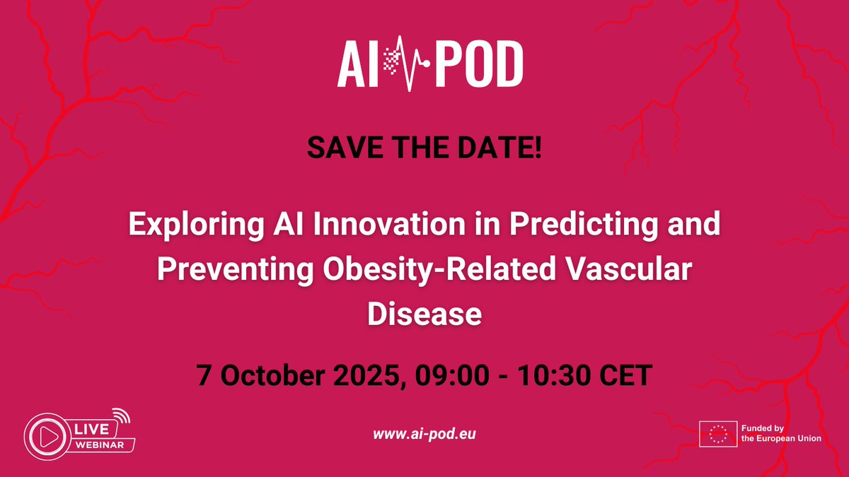 EIBIR_biomed (@eibir_biomed) on Twitter photo 📢 Save the Date! Join our CME-accredited webinar on #AI for Cardiovascular Risk & Prevention 💖
🚀 Featuring insights from <a href="/AIPOD_eu/">AI-POD Project</a>
ℹ️ For more information: ai-pod.eu/save-the-date-…
📲 Registration coming soon!
#CardiovascularHealth #Obesity #Webinar 📢 Save the Date! Join our CME-accredited webinar on #AI for Cardiovascular Risk & Prevention 💖
🚀 Featuring insights from <a href="/AIPOD_eu/">AI-POD Project</a>
ℹ️ For more information: ai-pod.eu/save-the-date-…
📲 Registration coming soon!
#CardiovascularHealth #Obesity #Webinar
