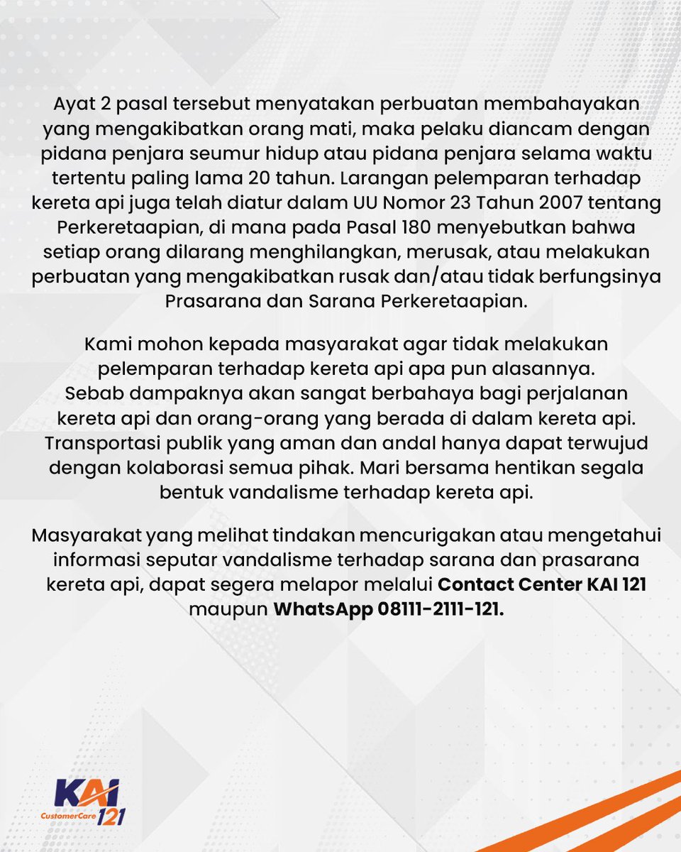 PT Kereta Api Indonesia mengutuk keras aksi vandalisme berupa pelemparan batu terhadap Kereta Api Sancaka (KA 88F) rute Yogyakarta–Surabaya Gubeng, pada 6 Juli 2025, di antara Stasiun Klaten dan Srowot. Serpihan kaca akibat pelemparan mengenai dua penumpang, yang segera mendapat