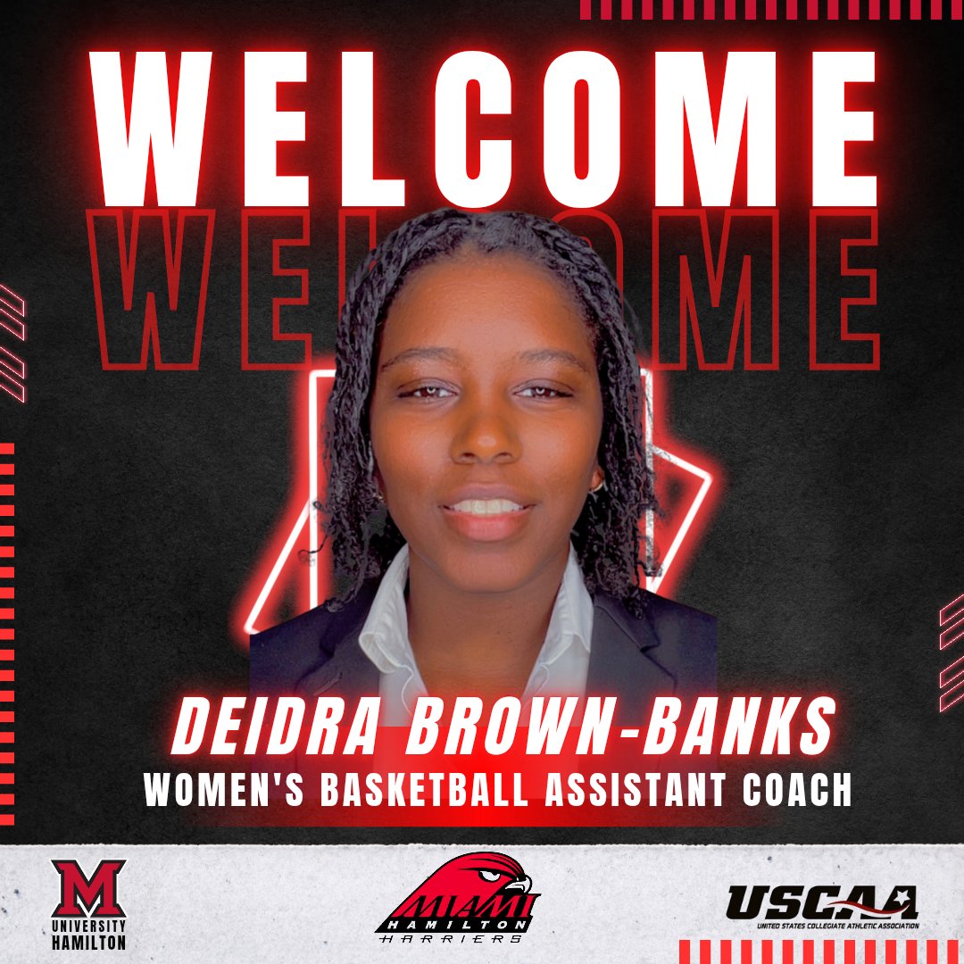 Deidra Brown-Banks joins Miami University-Hamilton WBB staff, a Middletown native, standout at Tiffin Univ. &amp; graduate of Wilberforce Univ. Brown-Banks comes with 10+ years of coaching experience Middletown HS, Lakota East, &amp; AAU EYBL SCA. Welcome 🏀 #HarrierLanded <a href="/DBrown_Banks/">Coach D</a>