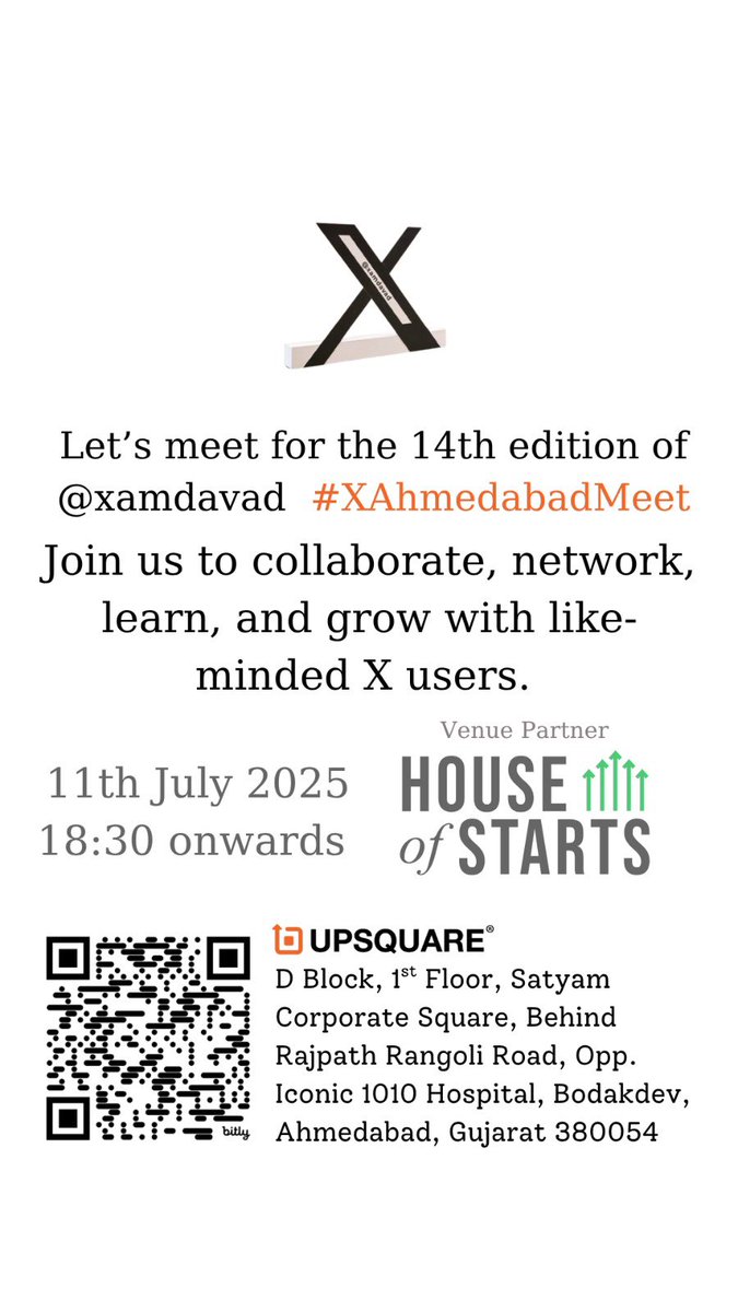 14th edition of #XAhmedabadMeet by <a href="/xamdavad/">xahmedabad</a>! 🎉

Join fellow X users to network, learn &amp; vibe IRL.

📅 July 11, 2025 | 🕡 6:30 PM
📍 Venue partner @HouseofStarts
🏢Venue : @Upsquaretech, SBR
🎟️ Register free: lu.ma/8liamdx7

Let’s make it epic! Do join <a href="/XCorpIndia/">X India</a>