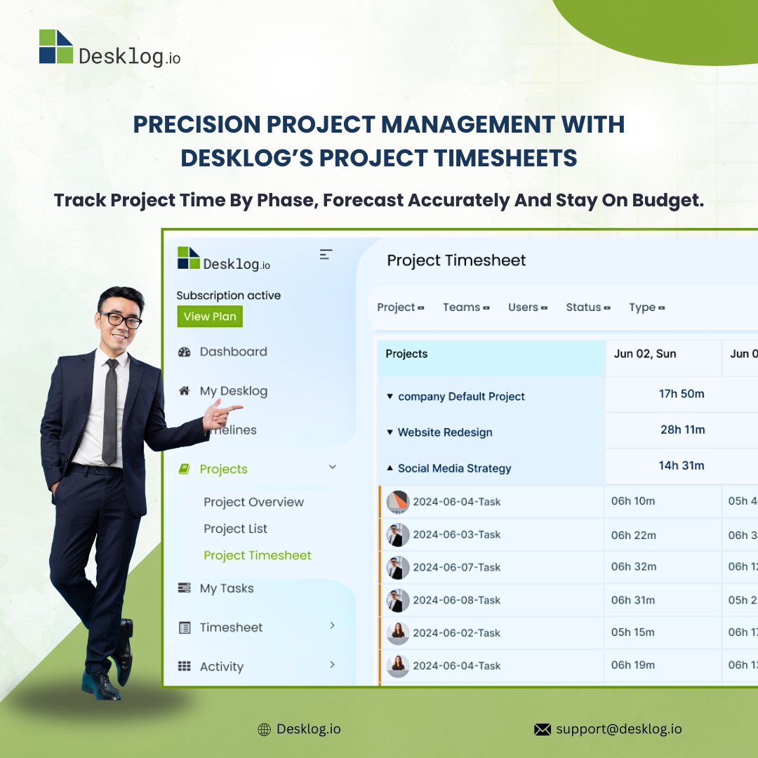 desklog's tweet image. Without time tracking, deadlines slip and budgets grow. Desklog’s Project Timesheets help you track time by phase, forecast accurately, and stay on budget. Take control of your projects today!
Visit: desklog.io
#desklog #freetimetrackingsoftware
