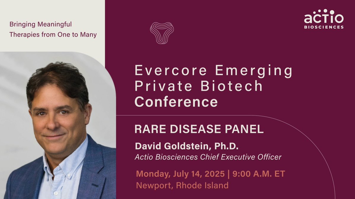 actiobiosci's tweet image. We’ll be at this year’s Evercore Emerging Private Biotech Conference next week. Actio founder &amp;amp; CEO, David Goldstein, Ph.D., will present during a rare disease panel to share recent company and program progress. Looking forward to an insightful discussion. actiobiosciences.com/actio-bioscien…