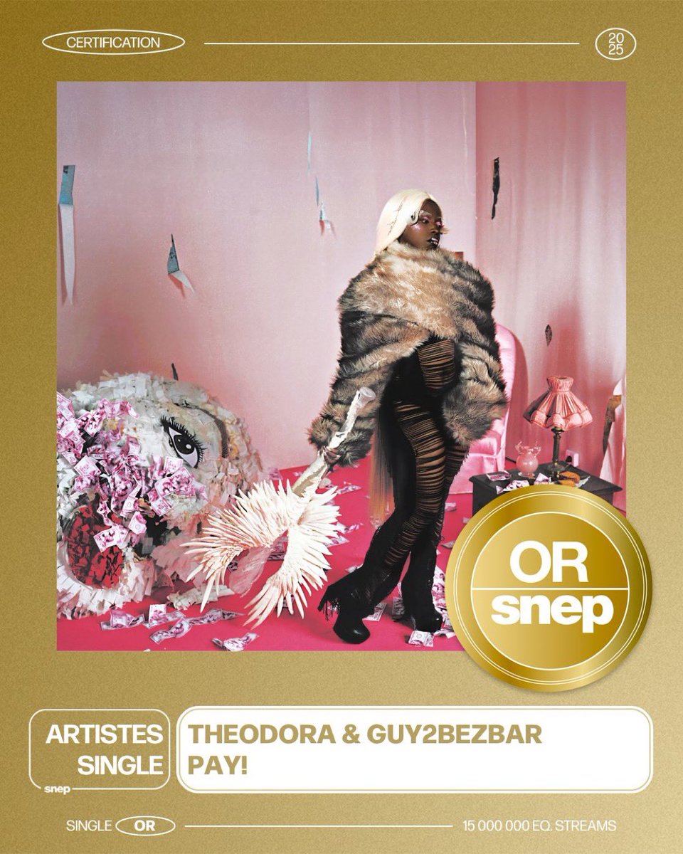 Rap_elles's tweet image. DOUBLE CERTIFICATION POUR LA BOSS LADY 🤯‼️
💎 Théodora décroche son PREMIER single de diamant avec « Kongolese Sous BBL » (50M streams) 🔥
📀Et son DEUXIÈME single d’or avec « PAY! » ft Guy2Bezbar (15M streams) 🎧