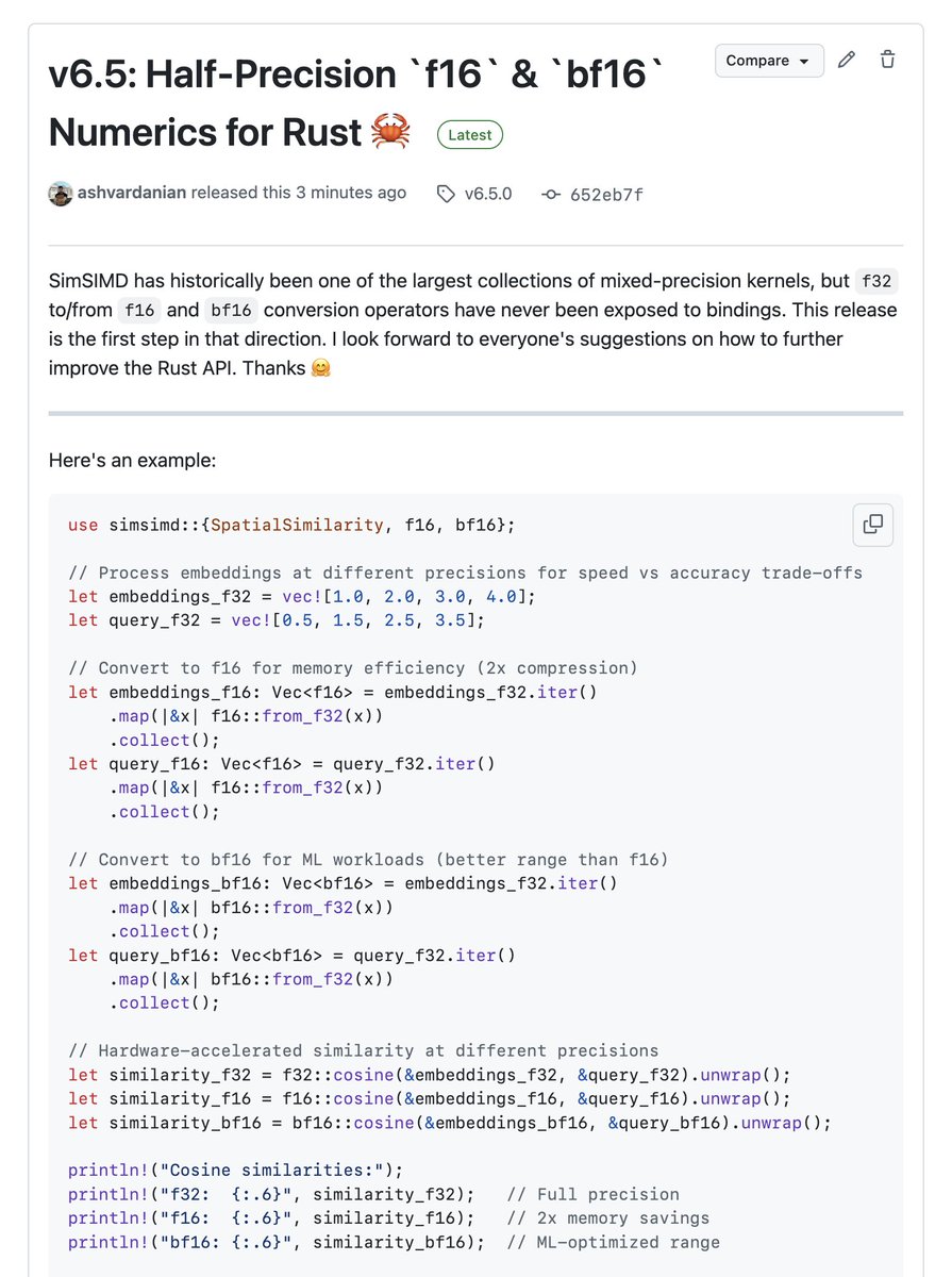 ashvardanian's tweet image. For Rust users, SimSIMD v6.5 now exposes mixed-precision conversion & arithmetic utilities
It's time to make `f16` and `bf16` first class citizens of every data-processing pipeline 🦀
github.com/ashvardanian/S…