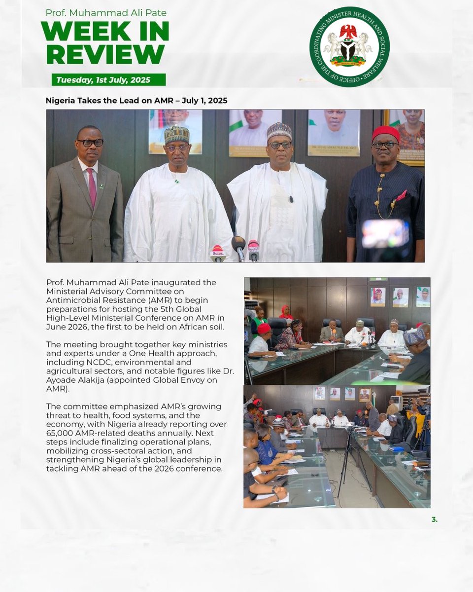 Fmohnigeria's tweet image. 🇳🇬 This week in review with Coordinating Minister of Health & Social Welfare, @muhammadpate :
✅ Chaired the 11th BHCPF Oversight Committee meeting: FG approves ₦65bn for PHC in 2025, plus rollout of new guidelines and data tools.
✅ Led high-level debrief with World Bank on…