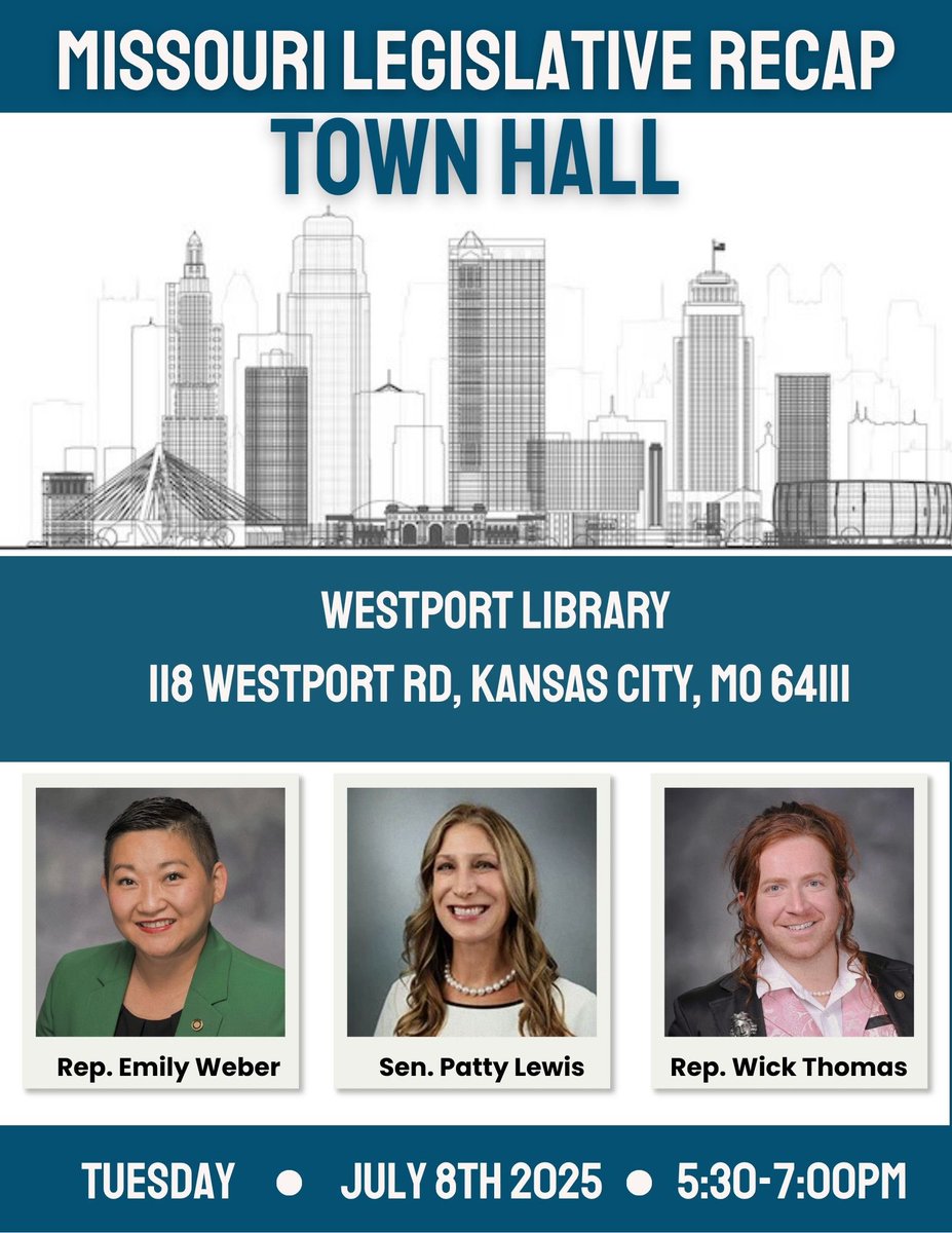 Patty4MO's tweet image. Looking forward to a series of Town Halls across SD7 w/State Reps. Hope you can join us!
✅July 7th 5:30-7:00 at Grandview City Hall, 1200 Main St.
✅July 8th 5:30-7:00 at Westport Library, 118 Westport Rd.
✅July 10th 5:30-7:00 at Happy Bottoms, 303 W. 79th St.
#MOLeg #MOSen