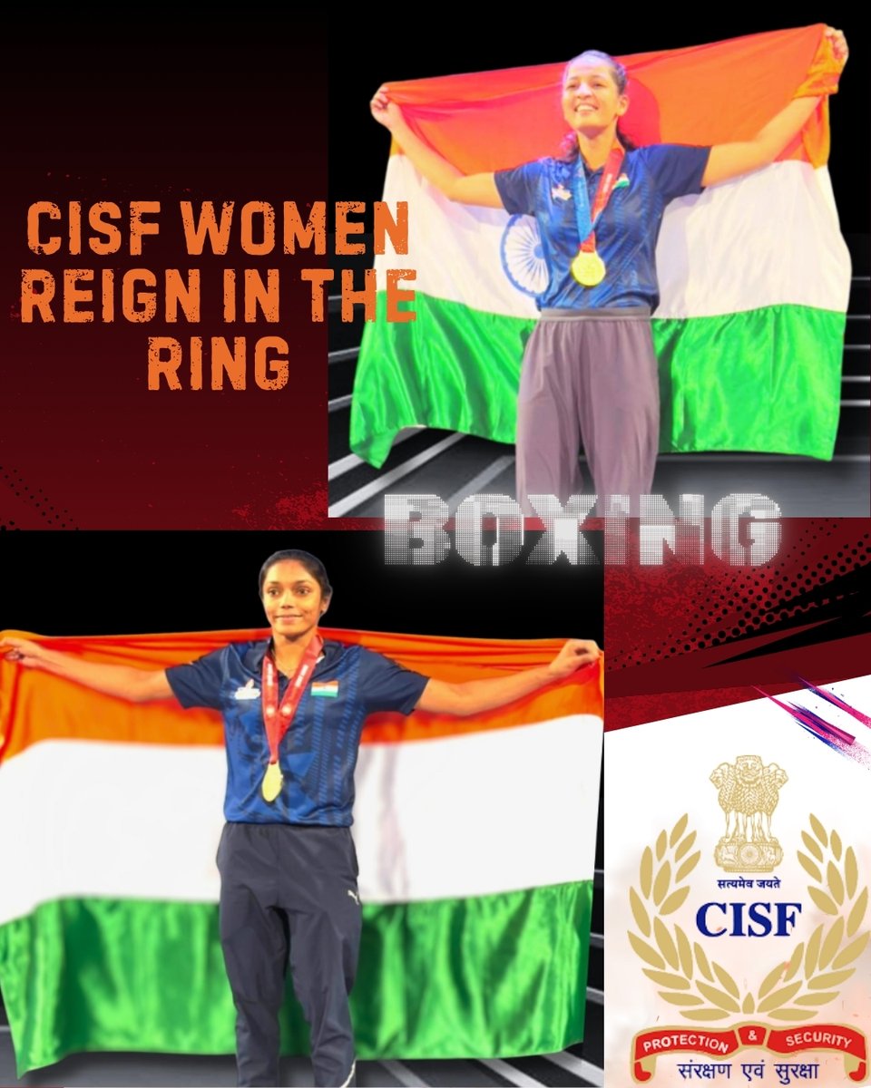 CISFEast's tweet image. Power in Punches – CISF Women Strike Gold.
At #WPFG2025, L/ASI Abha Singh &amp;amp; HC/GD Imroz Khan clinch 2 Golds in boxing, showcasing the true spirit of CISF
#CISF congratulates its boxing champions for their outstanding performance.
#ShieldOfSecurity #NationFirst @CISFHQrs