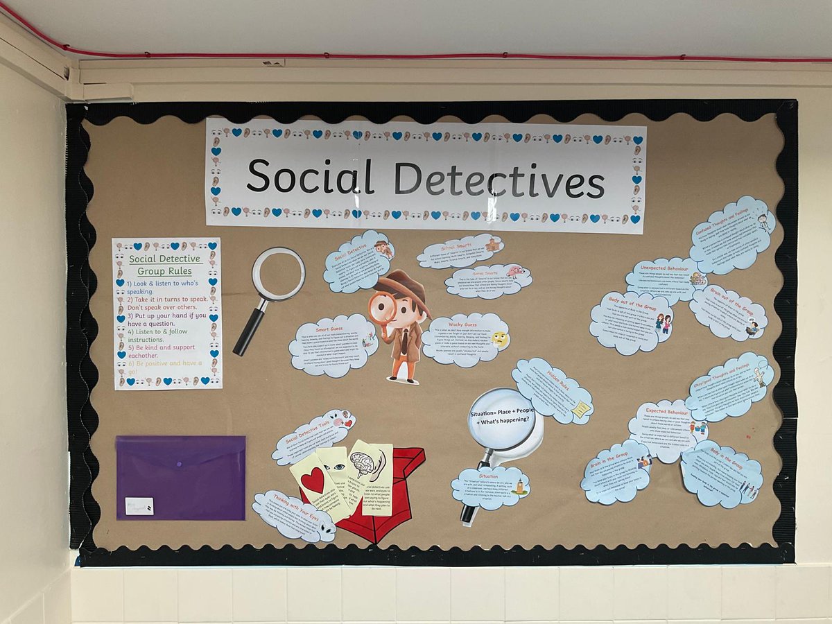 WMISLT2's tweet image. Brilliant display from KS2 students in one of our primary schools where Ellen works, created as part of their ‘Social Detective’ group 🕵️♀️🙌 They wanted to share the key skills and strategies they’ve learned—love to see the enthusiasm! 💜 #mysltday #SocialDetectives