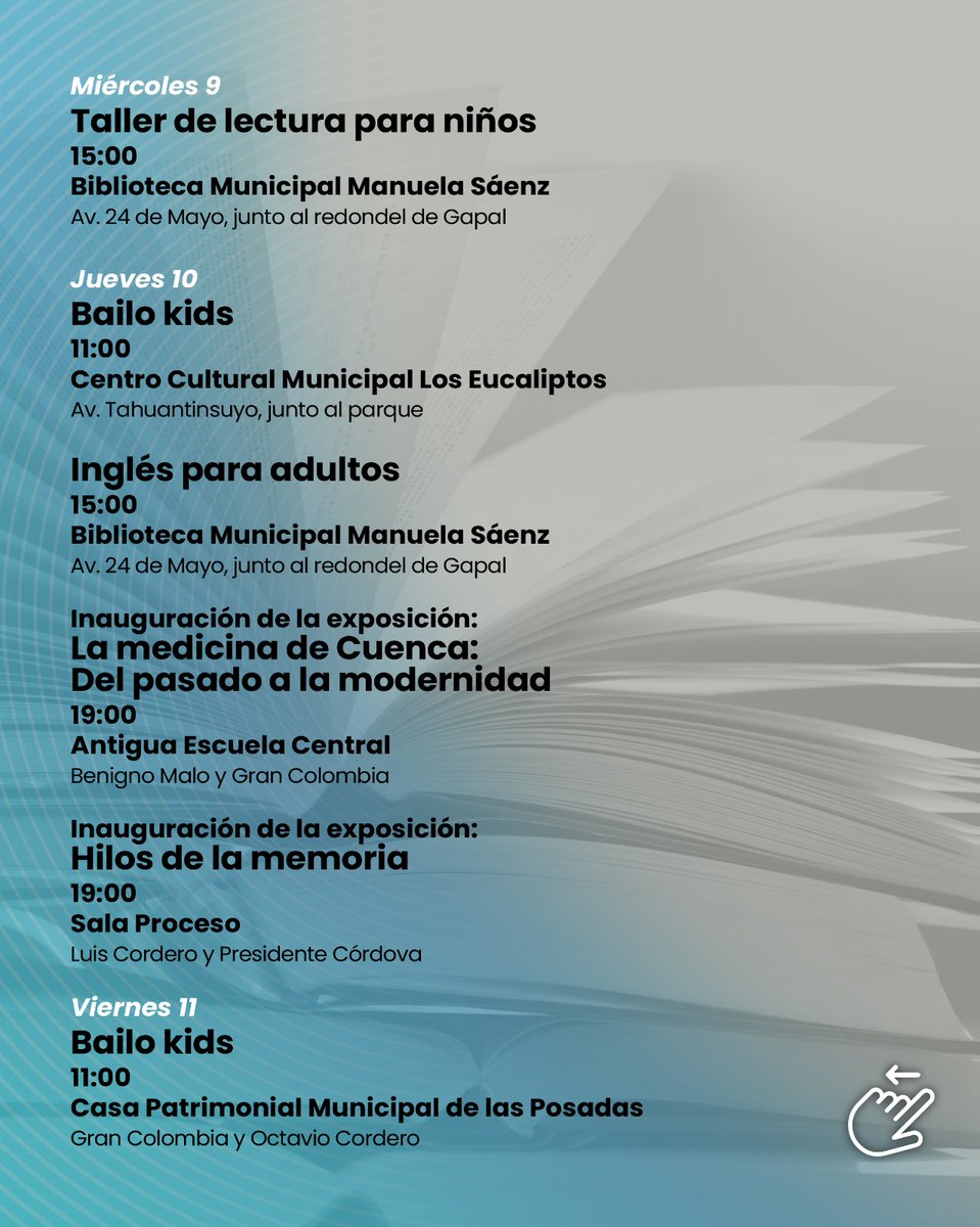 CulturaCUE's tweet photo. ☀️Vive una semana diferente con lo mejor del #arte
Disfruta de todas las actividades programadas en nuestra #AgendaCultural: 🧶#talleres, 🧑🎤#concierto, #Bailokids, 🎨 #exposiciones y más.
¡Te esperamos!
#Cuenca #AmorPorCuenca #YoAmoCuenca https://t.co/AdYr0J3vbx