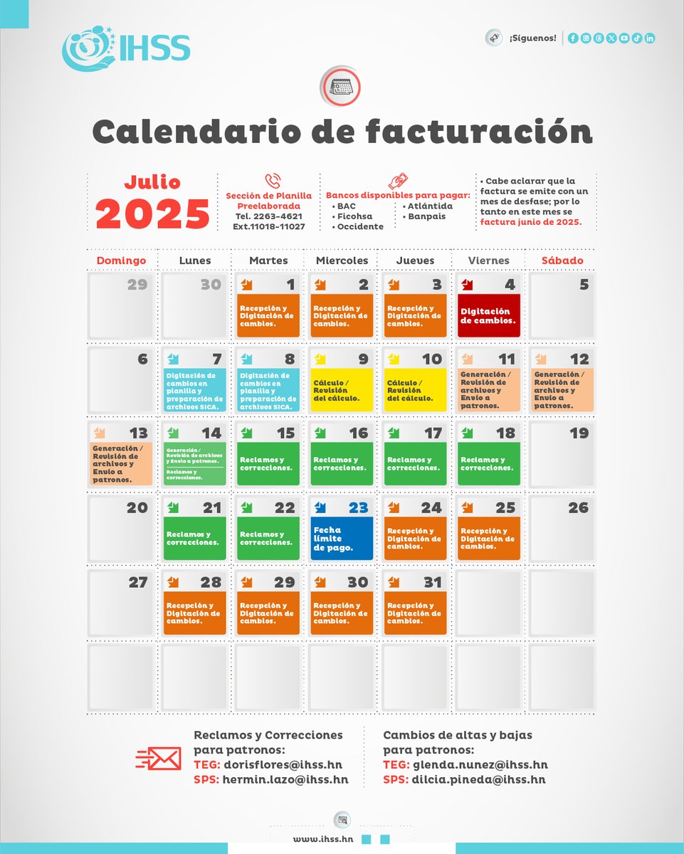 IHSS - Instituto Hondureño de Seguridad Social (@ihss_hn) on Twitter photo 📅 ¡Atención, patronos!
Ya está disponible el Calendario de Facturación Julio 2025 🧾✅
Consulta las fechas clave para cumplir con tus obligaciones de forma puntual y evitar contratiempos.
Planifica con anticipación y mantente al día con tus responsabilidades 💼💡 📅 ¡Atención, patronos!
Ya está disponible el Calendario de Facturación Julio 2025 🧾✅
Consulta las fechas clave para cumplir con tus obligaciones de forma puntual y evitar contratiempos.
Planifica con anticipación y mantente al día con tus responsabilidades 💼💡
