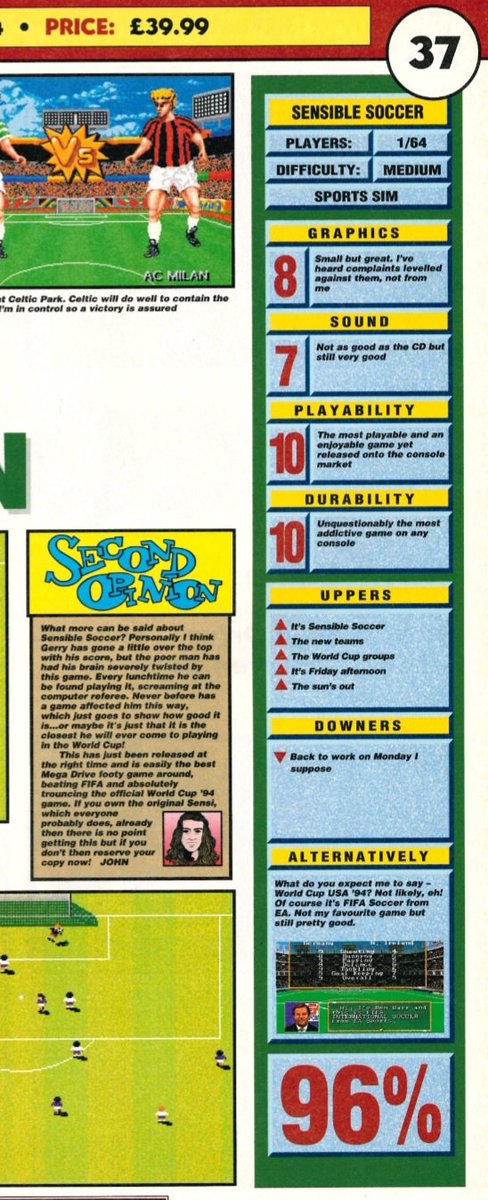 SegaMags's tweet image. Issue 24 of Mega Drive Advanced Gaming, featuring Battlecorps on the cover.
Sensible Soccer: International Edition was the top-scoring game with 96% while Outrunners was the worst-scoring game with 45%.
#SegaMags #battlecorps #megadriveadvancedgaming #sensiblesoccer