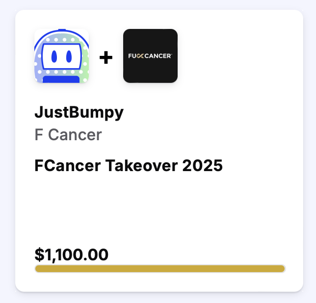 FCancerNow's tweet photo. Incredible start to our July 30 Day Takeover Challenge! @JustBumpy absolutely smashed her goal raising $1100 for F Cancer! Can't wait for all the other streamers! Gonna be a fun month! #julytakeover https://t.co/NVKi0SylVX