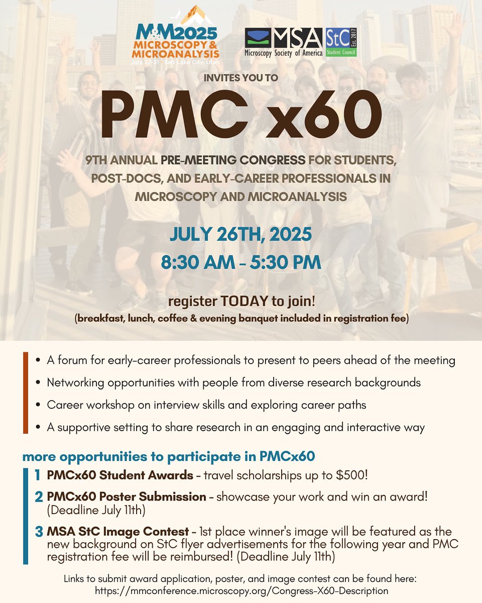 🚨 Students, postdocs &amp; early-career professionals in microscopy — PMC x60 is for YOU!

🗓️ July 26 | 8:30 AM – 5:30 PM
🖼 Poster &amp; image contest (Deadline: July 11th)
🥗 Meals &amp; banquet included!

🔗 Register now: mmconference.microscopy.org/Congress-X60-D…
#MM2025