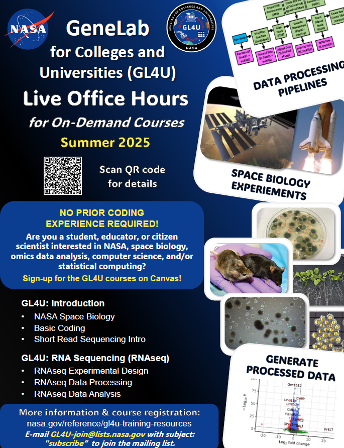 NASAGeneLab's tweet image. Enrolled in #GL4U on demand courses? Need a bit of help moving forward with classes? Starting this summer from 6/9 to 8/11, there will be GL4U office hours on Mondays (7:30am - 9am PT) and Thursdays (3pm - 4:30pm PT). More info: tinyurl.com/59ch8sku #learning #bioinformatics