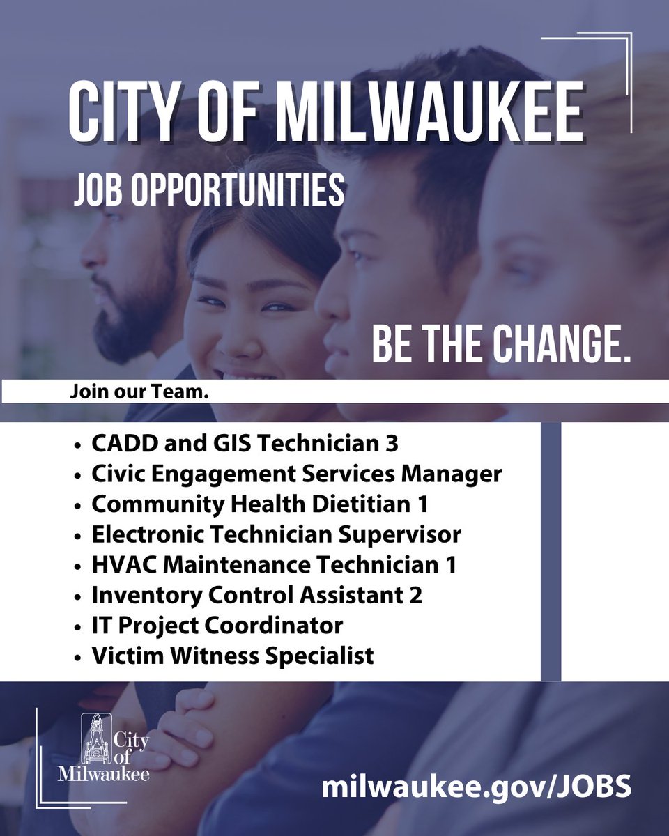 Do you have a few minutes? ⌚Before the Monday rush begins, we invite you to explore #job opportunities with the City. Whether you are #unemployed or looking to switch gears to a new career, we may have what you're looking for! Visit milwaukee.gov/JOBS for the complete list!