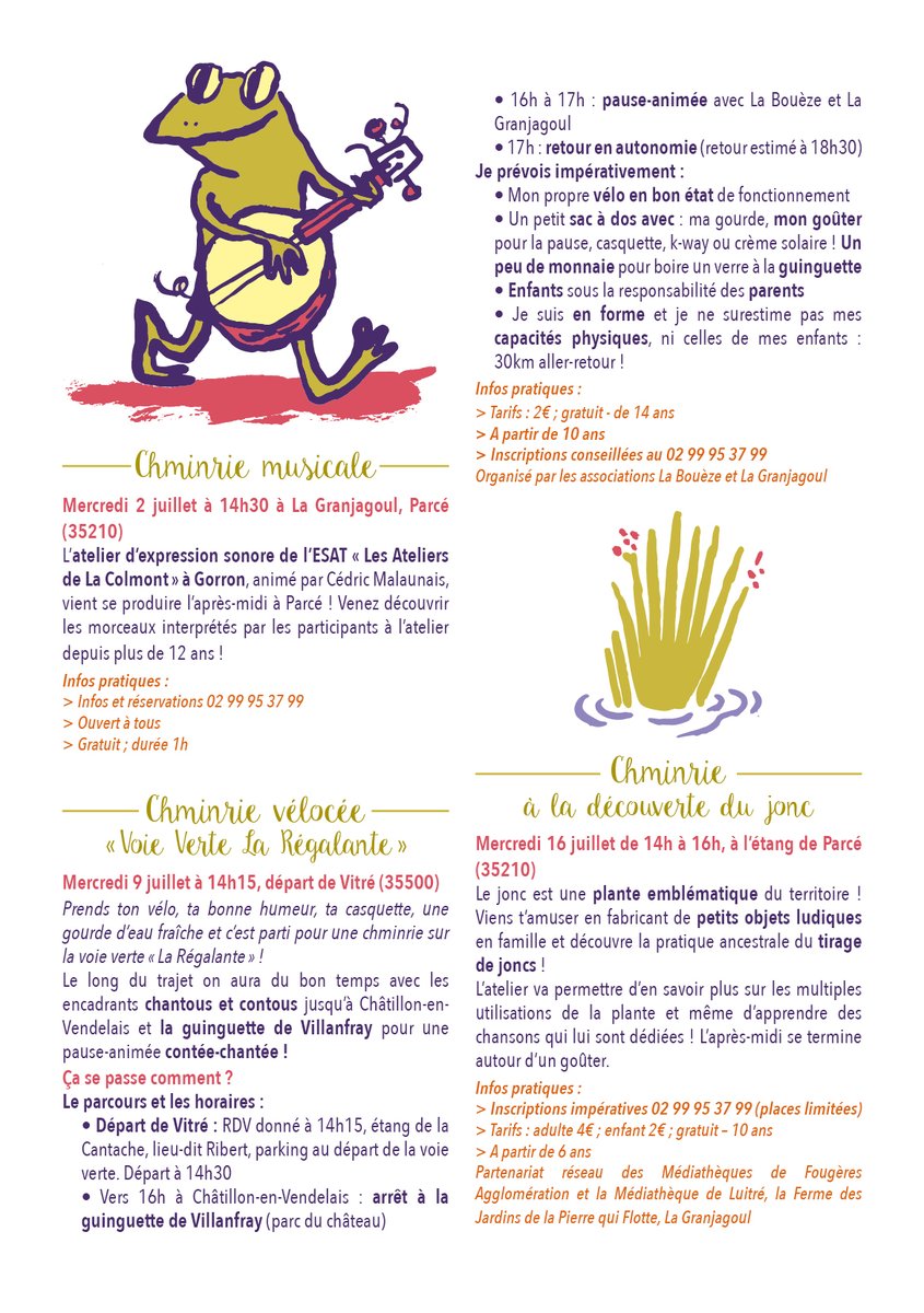 Chminrie vélocée « Voie Verte La Régalante »
Mercredi 9 juillet à 14h15, départ de Vitré (35500)
- Départ de Vitré : RDV donné à 14h15, étang de la Cantache, lieu-dit Ribert, parking au départ de la voie verte. Départ à 14h30
Infos 02 99 95 37 99