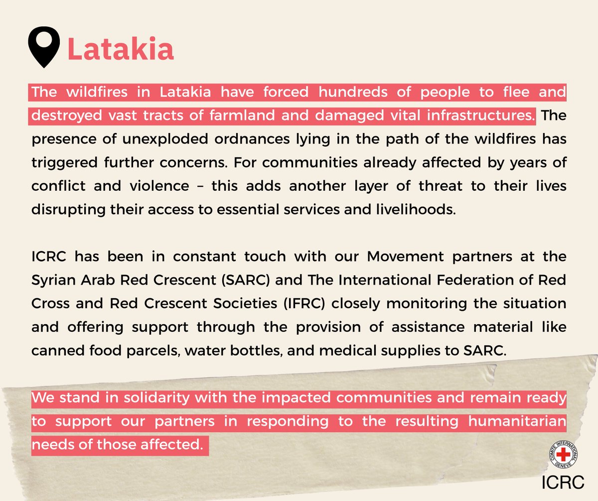 ICRC_sy's tweet image. 📍 Wildfires in #Latakia
We stand in solidarity with the impacted communities and remain ready to support our partners in responding to the resulting humanitarian needs of those affected.