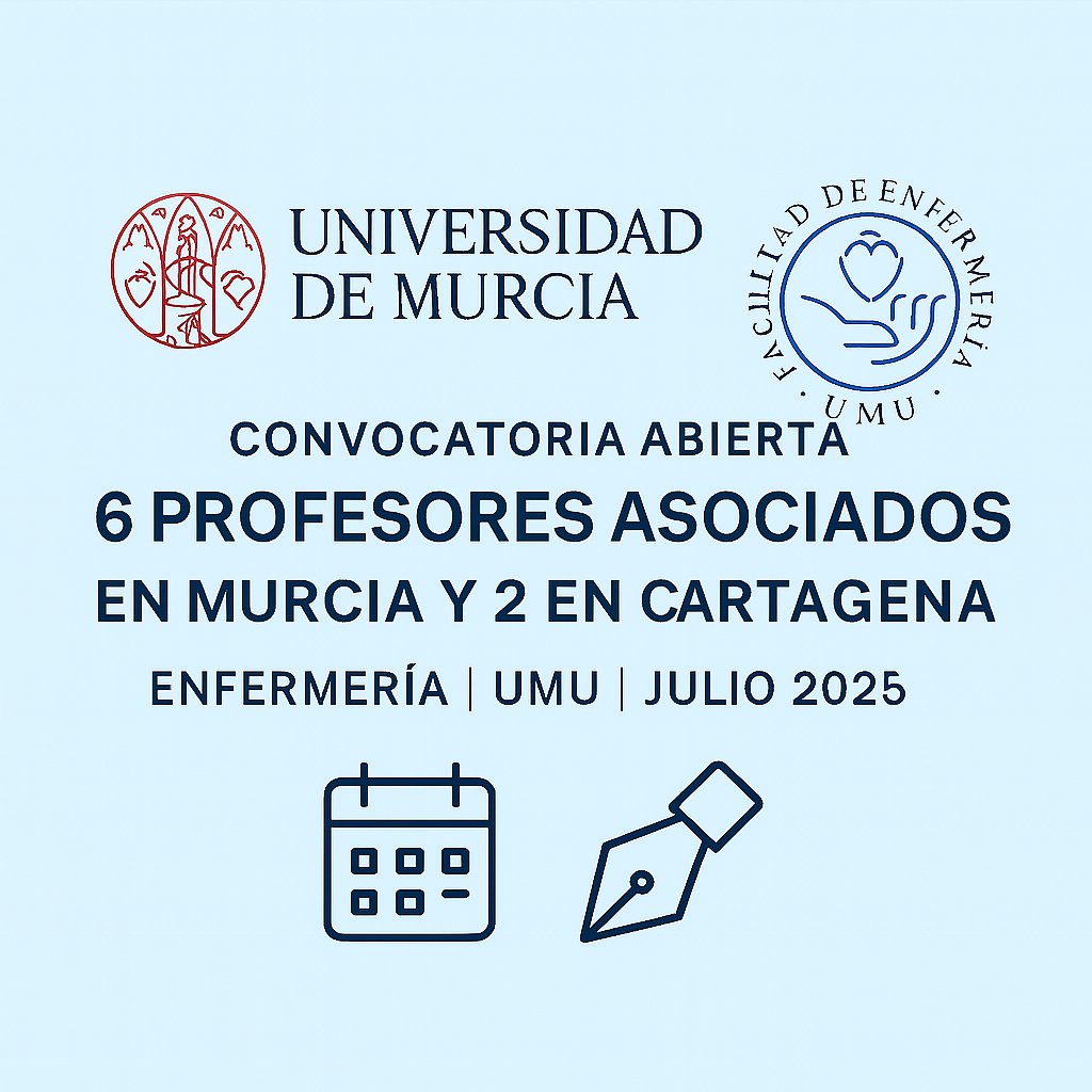 Icuida2's tweet image. 📢 CONVOCATORIA! 6 plazas de Profesor Asociado en Murcia y 2 en Cartagena @umuenfermeria
🧭 Impulsa tu carrera profesional desde la #DocenciaUniversitaria
📚 Comparte tu experiencia asistencial con las #EnfermerasDelFuturo
#InvestigarEsCuidar
🔗 Más info convocum.um.es/convocum2/pagi…