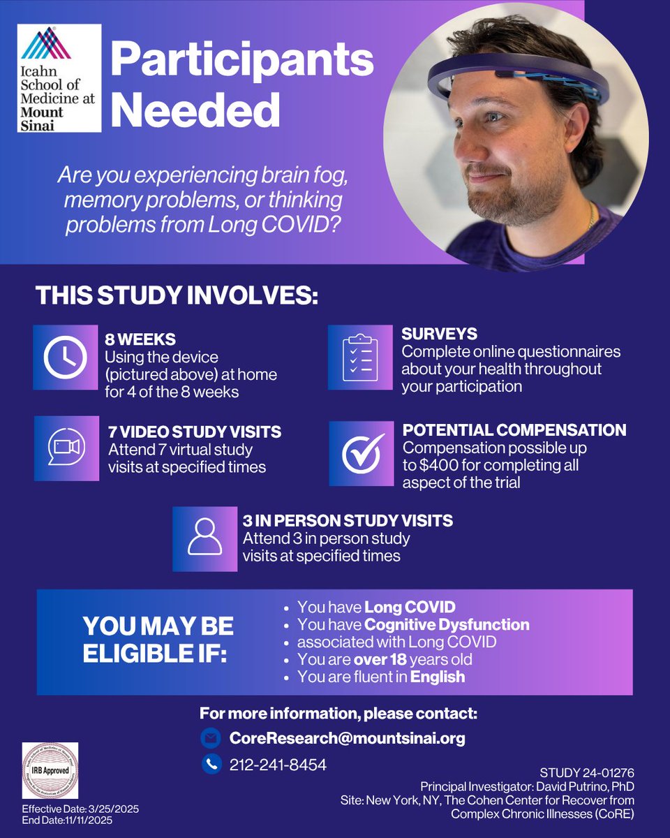 CoRESinai's tweet image. Join our study focused on a device aimed at improving cognitive dysfunction in Long COVID patients. For inquiries, email CoreResearch@MountSinai.org.