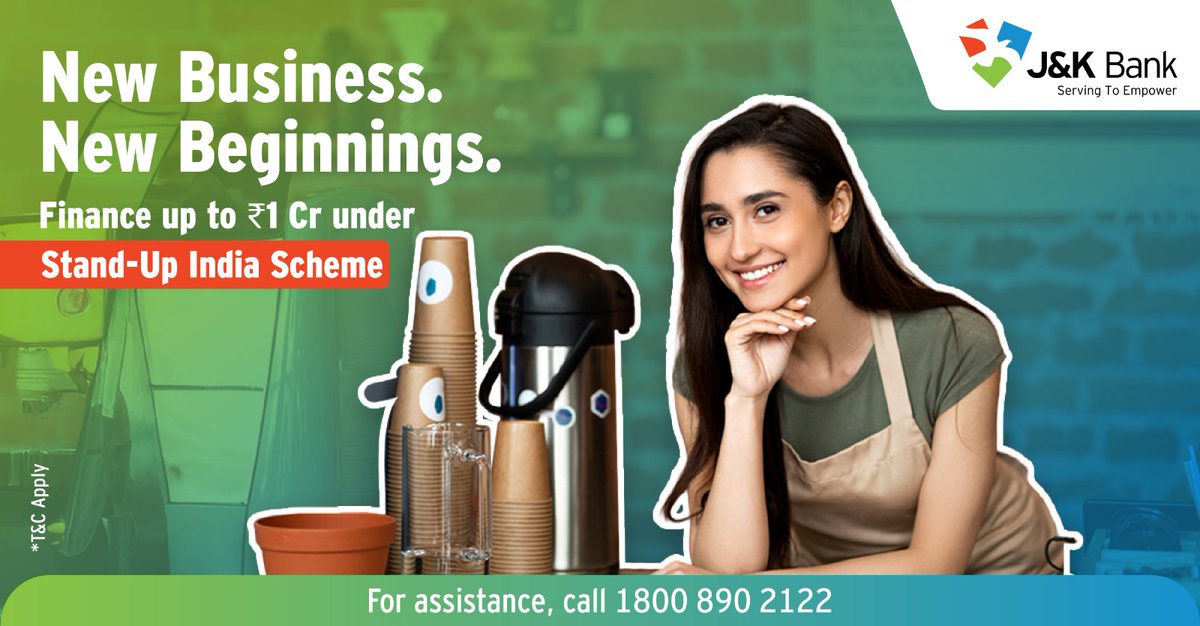 Thinking of starting your own venture?

With Stand-Up India, J&amp;K Bank helps first-time women and SC/ST entrepreneurs access the finance they need to turn ideas into action.

This is where new beginnings begin.

#JKBank #YourBankSince1938 #Finance
