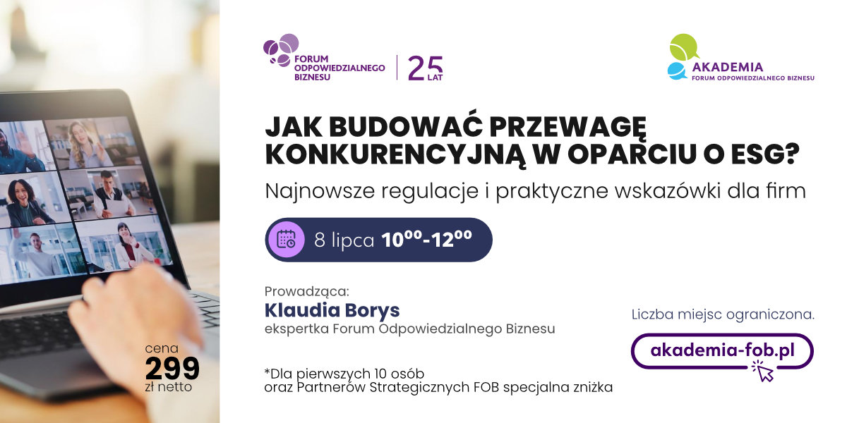 🕝 To ostatni moment na rejestrację na szkolenie #AkademiaFOB!

👉„Jak budować przewagę konkurencyjną w oparciu o ESG? Najnowsze regulacje i praktyczne wskazówki dla firm”

💻Sprawdź: akademia-fob.pl/jak-budowac-pr…

#omnibus #esg #sustainability #sustainabilityreporting #raportowanieesg