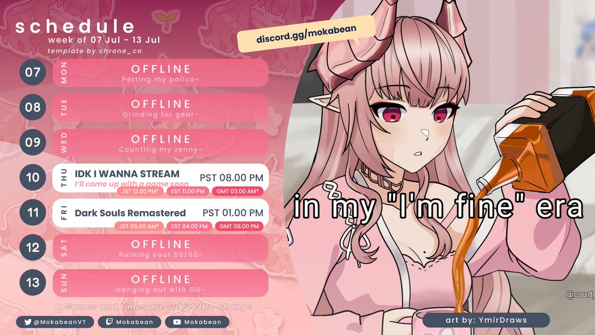MokabeanVT's tweet photo. 🌱 WEEKLY SCHEDULE 🌱
🌸 7/7 - 7/13 🌸

🌱 7/10 8 pm PST - I don’t know what I’ll play yet, but I’ll be playing something 💦 
I will probably be up very late ✨

🌸 7/11 1 pm PST - DARK SOULS REMASTERED 🔥 Dragon girl vs. Seath and his archives ⚔️ 

🌱 Fanart tag ➡️ #Mokapiece https://t.co/aQZUthcWYS