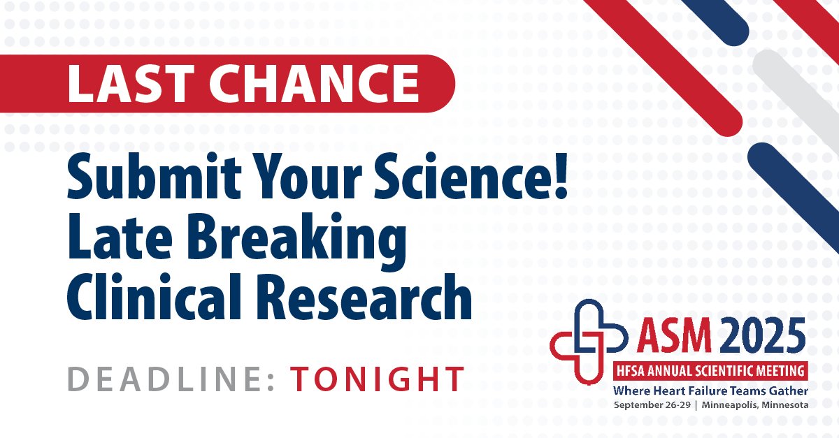 HFSA's tweet image. ⏳ Last Chance to Submit Your Late-Breaking Science!
The Late Breaking Clinical Research sessions highlight new, practice-changing findings in device therapy, drug trials, real-world data, and more. If your study has the potential to influence care, this is the platform to share…