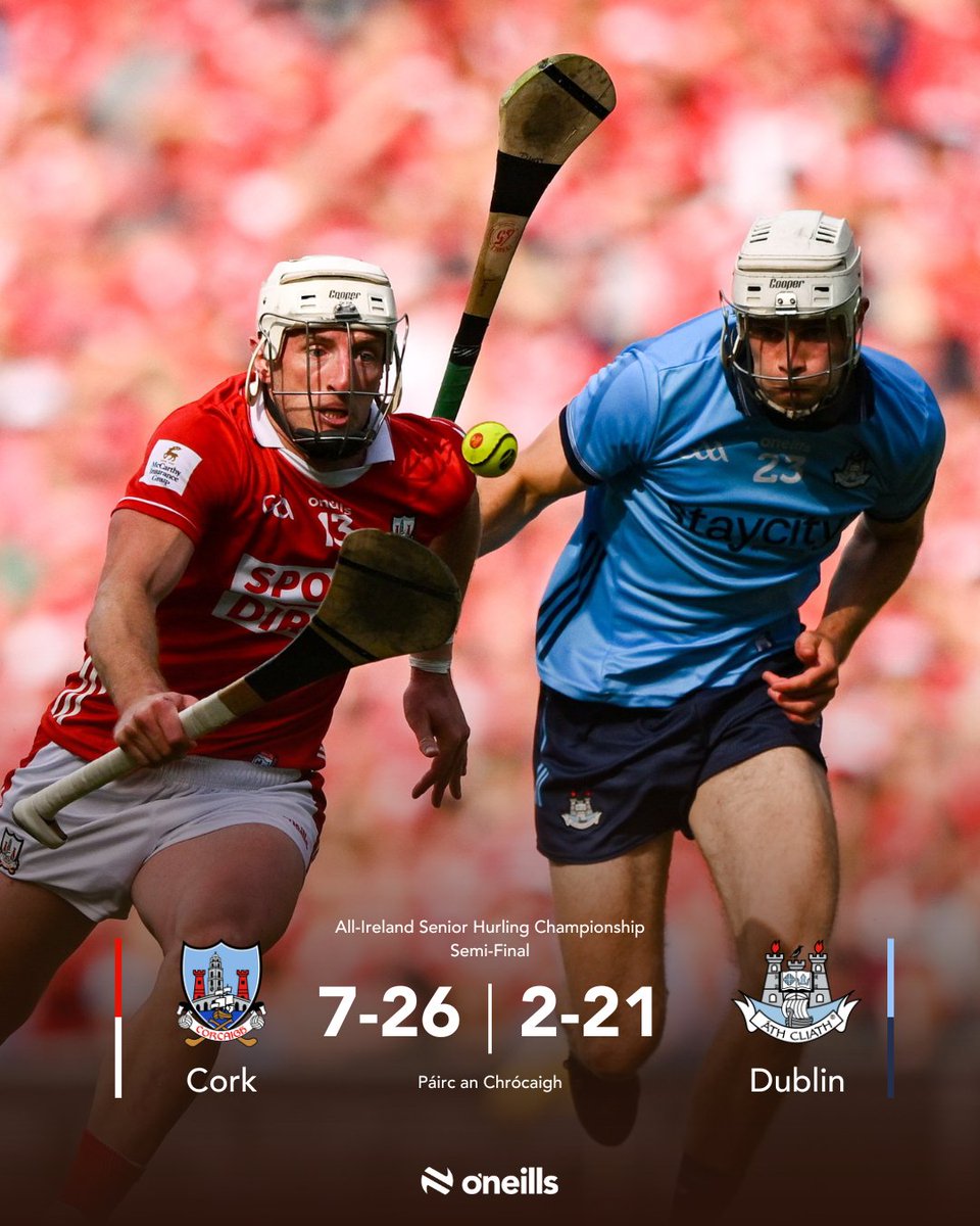ONeills1918's tweet image. Final Bound! 🏆⚾
Cork fired their way into the All-Ireland hurling final with a remarkable seven-goal haul against Dublin, while Oisín O’Donoghue struck a dramatic 70th-minute winner as 14-man Tipperary edged Kilkenny in a gripping battle! 🔥
#GAA #AllIreland #Hurling