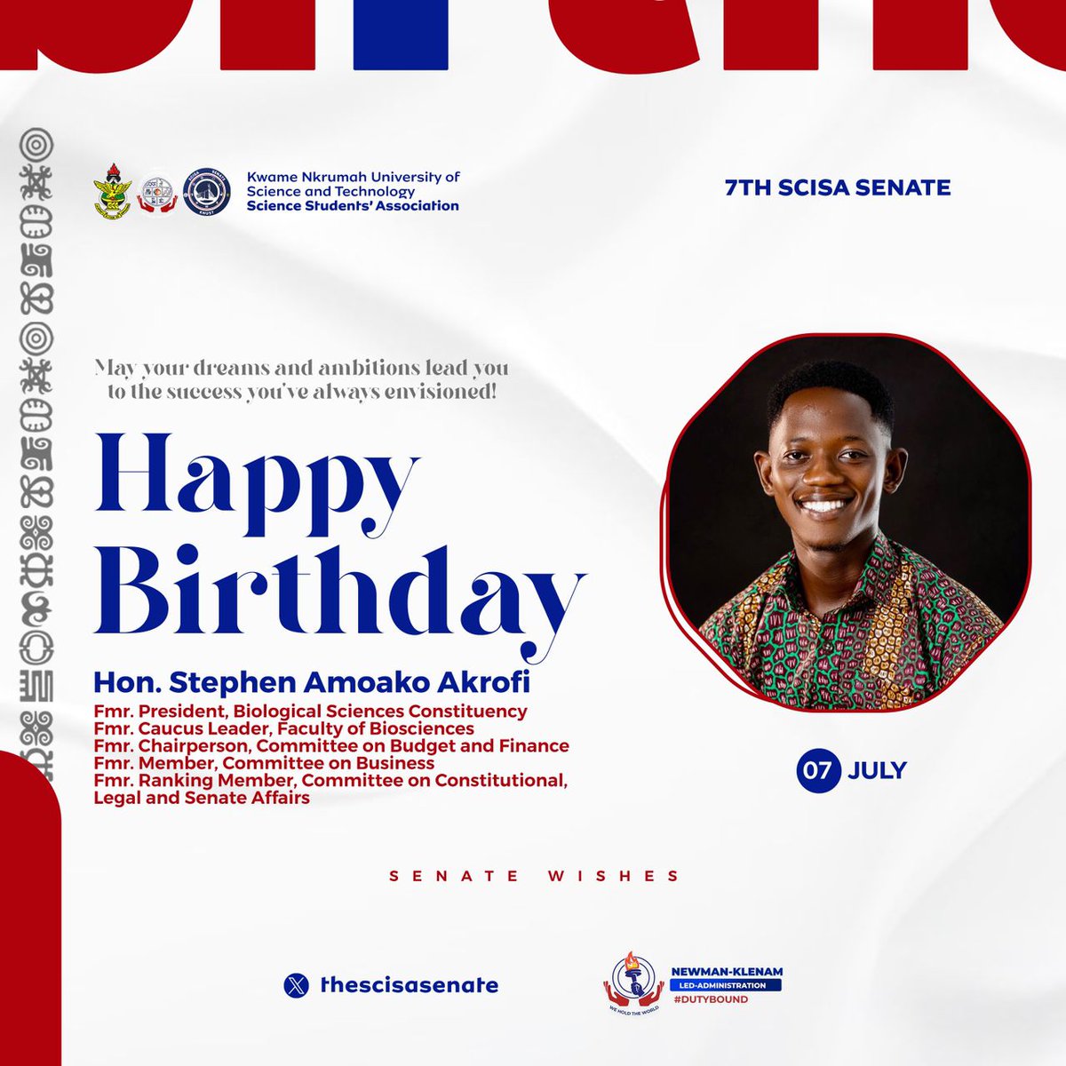 Happy Birthday to Hon. Stephen A. Akrofi❤️🎉, Fmr. Prez,<a href="/BiossaK/">BIOSSA - KNUST</a> constituency.
Your dedication to your duties made a difference every day. Cheers to you🥂🥳 

We love youuu✨.God bless you❤️

#HappyBirthday #DutyBound #Weholdtheworld #KNUST #MasterChef #7thSenate <a href="/src_parliament/">KNUST SRC PARLIAMENTARY COUNCIL</a>