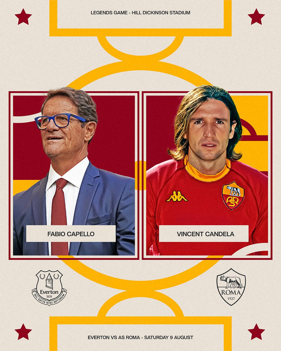 🔜 After <a href="/Everton/">Everton</a> v Roma on August 9… another match awaits.
Legends take the stage at Hill Dickinson Stadium!

The first two Legends announced:

🎩 Fabio Capello (Head Coach)
💫 Vincent Candela

More to come…

#ASRoma #EvertonRoma