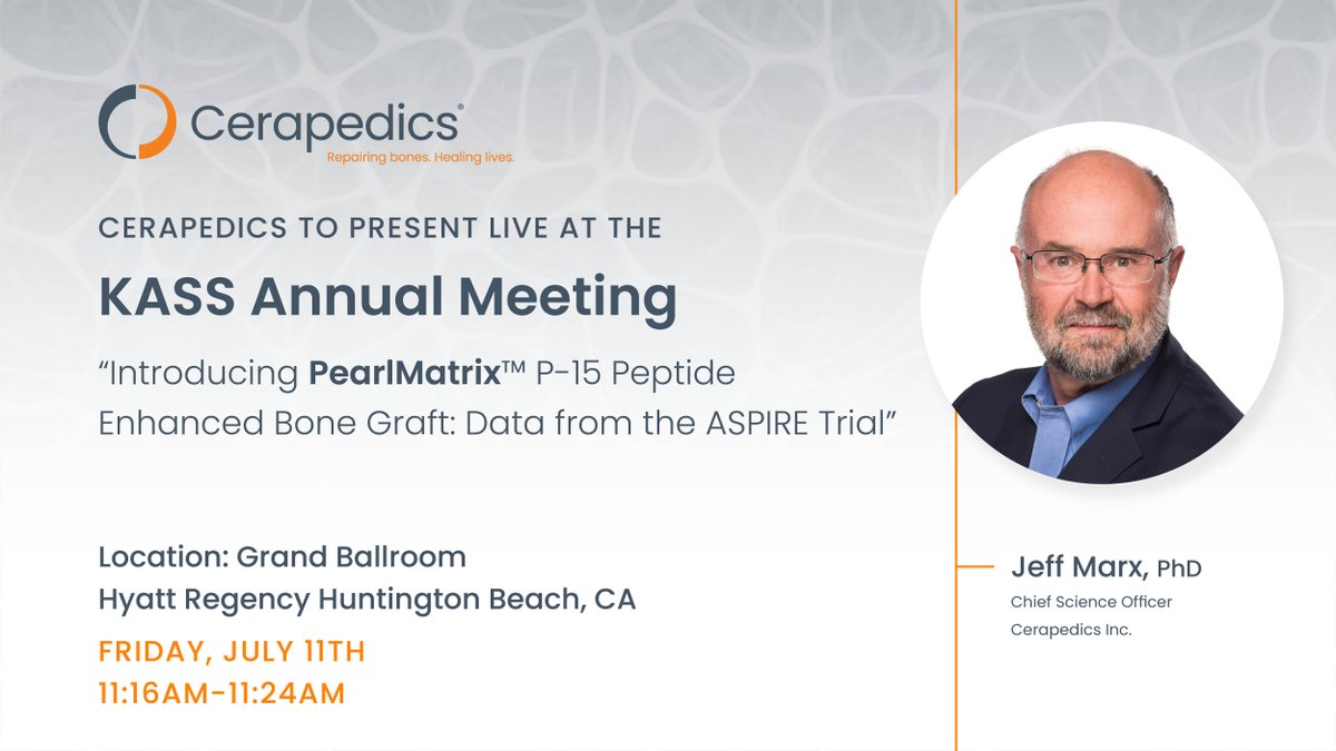 Visit us at KASS from July 10th-12th in Huntington Beach, CA where Jeff Marx PhD, will present “Introducing PearlMatrix P-15 Peptide Enhanced Bone Graft: Data from the ASPIRE Trial”, on July 11th. Download the invite. hubs.ly/Q03vkyln0