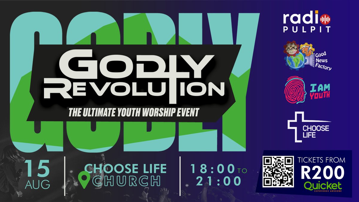 🎉 Get Ready for Godly Revolution 2025 🙌
 📅 15 Aug | 🕕 6–9PM📍 Choose Life Church
🎤 One Crown | 🎧 DJ Maeztro
 🥁 Fusion Band | 🎸 Tree63
🎟️ Tickets: bit.ly/400TU7s 
 💰 R200 | ⚠️ Limited seats!
🔥 Worship. Praise. REVOLUTION.
 #GodlyRevolution2025 #WorshipNight