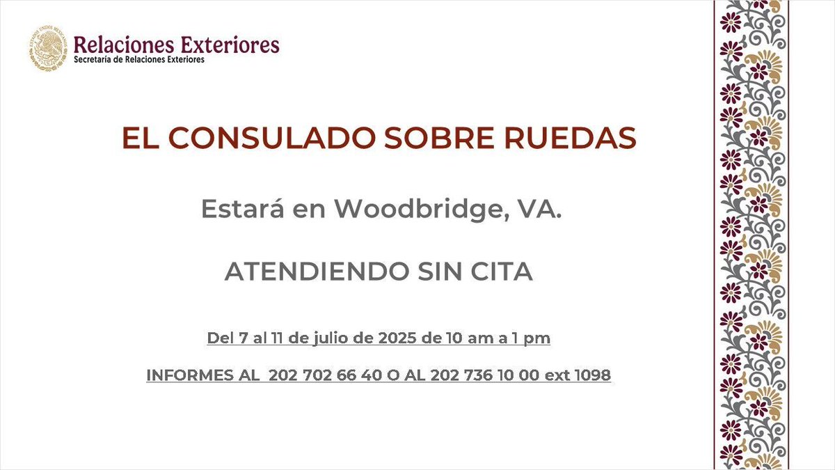 🚨¡Del 7 al 11 de julio estaremos atendiendo en Woodridge, Virginia *SIN CITA*!🚨

Tramita con nosotros tu pasaporte, matrícula consular o credencial de elector.

Revisa los detalles 👇👇👇