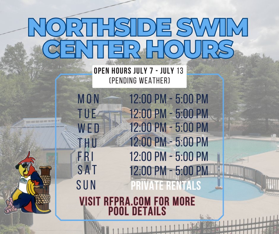 😎 Check out this week's pool hours and YES, we're open on Mondays all July long! Don’t miss a splash! #SummerVibes