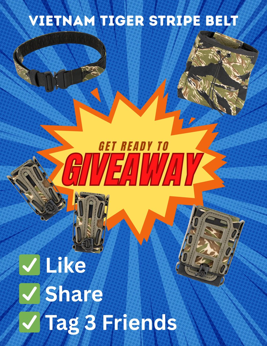 🚨 GIVEAWAY ALERT 🚨 We're giving away a full Assaulter Belt System in Vietnam Tiger Stripe! Want it? Here's how:  
✅ Like this post  
✅ Share it  
✅ Tag a teammate  

Locked. Loaded. Yours if you move fast!  
#EDCgear #TacticalSolutions #MadeInUSA #CarryWithConfidence