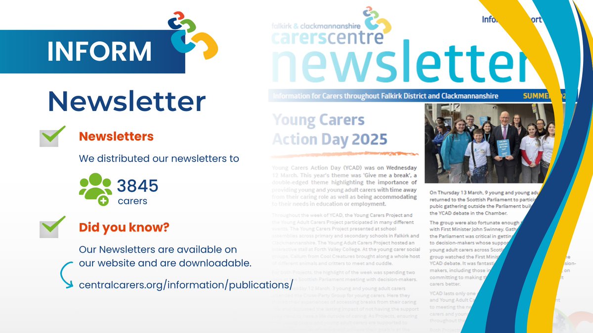 Falkirk & Clackmannanshire Carers Centre (@centralcarers) on Twitter photo Did you know we produce a Newsletter twice a year that contains important and useful updates? Did you get your copy? If not, email centre@centralcarers.co.uk so we can add you to the mailing list! You can access previous ones here: ow.ly/rENQ50WlCua Did you know we produce a Newsletter twice a year that contains important and useful updates? Did you get your copy? If not, email centre@centralcarers.co.uk so we can add you to the mailing list! You can access previous ones here: ow.ly/rENQ50WlCua
