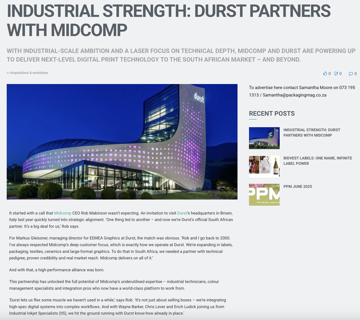 MidcompOfficial's tweet image. HOT OFF THE PRESS! 
Read all about the new partnership between Durst  Group AG and Midcomp – Pty Ltd in the latest PPM Magazine.
Exclusive interview with Markus Gleissner &amp;amp; Rob Makinson!
Download now: packagingmag.co.za/acquisitions-e…