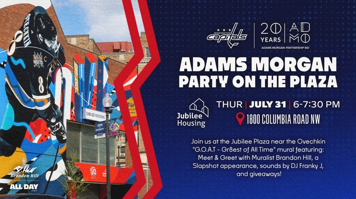 Adams Morgan BID (@admobid) on Twitter photo 🎶 Kick off the 2025 #AdMoVibe Summer Concert Series with <a href="/Capitals/">Washington Capitals</a> at <a href="/jubileehousing/">Jubilee Housing</a> on July 31!
Enjoy music from DJ Franky J, a meet and greet with the Ovechkin muralist, and a special appearance from 🏒 Slapshot. Lots of giveaways, plus the event is free and family friendly! 🎶 Kick off the 2025 #AdMoVibe Summer Concert Series with <a href="/Capitals/">Washington Capitals</a> at <a href="/jubileehousing/">Jubilee Housing</a> on July 31!
Enjoy music from DJ Franky J, a meet and greet with the Ovechkin muralist, and a special appearance from 🏒 Slapshot. Lots of giveaways, plus the event is free and family friendly!