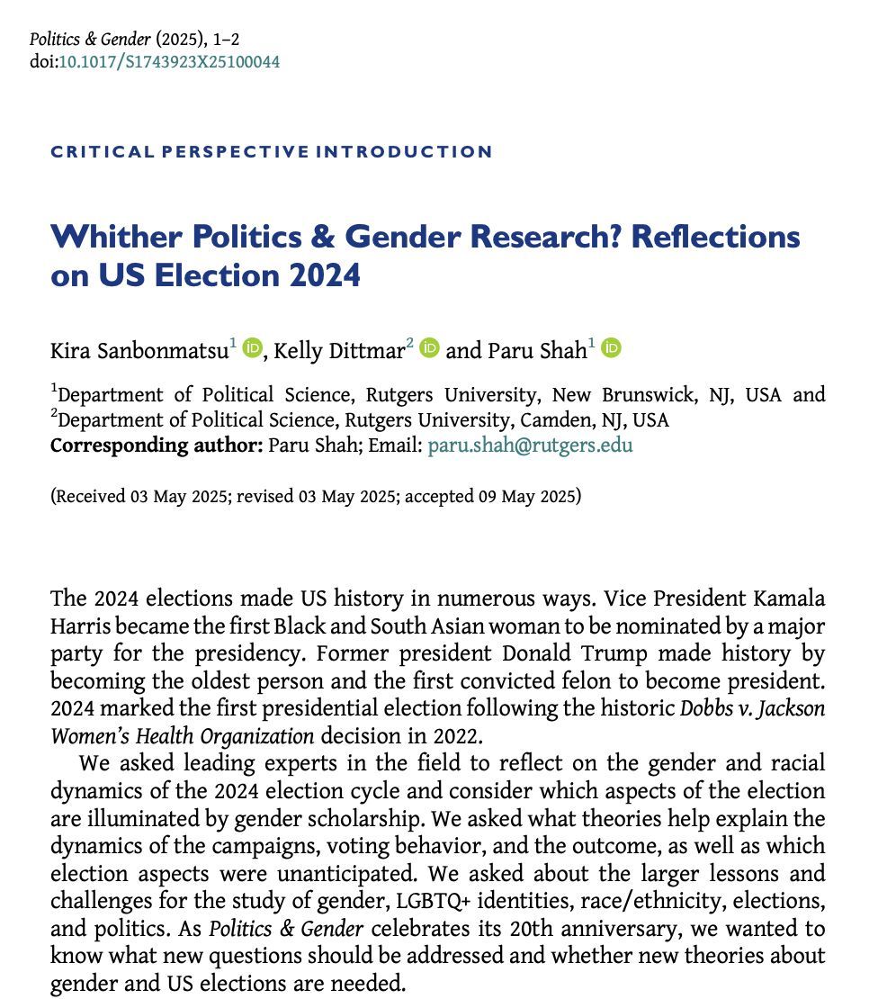 📢New issue of #PAG21 is out!📢 

<a href="/CAWP_RU/">CAWP</a> scholars Kira Sanbonmatsu, <a href="/kdittmar/">Kelly Dittmar</a> &amp; <a href="/parushah_mke/">Paru Shah</a> introduce this issue's Critical Perspectives collection on the gender and racial dynamics of the 2024 US election cycle. 

buff.ly/FYzkq6j