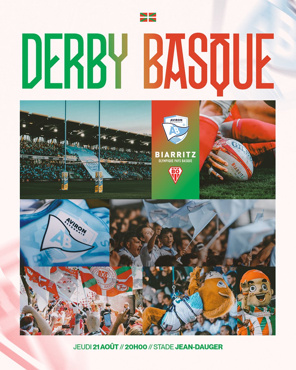 𝑫𝑬𝑹𝑩𝒀 𝑩𝑨𝑺𝑸𝑼𝑬 👋

L’Aviron Bayonnais Rugby Pro et le Biarritz Olympique Pays Basque sont heureux d’annoncer la 2ᵉ édition du derby basque, qui se tiendra le jeudi 21 août 2025 à 20h au stade Jean-Dauger à Bayonne pour un match de préparation en vue de la saison 25/26📆
