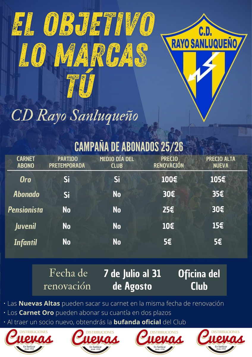 ¡EL OBJETIVO LO MARCAS TÚ!

Comienza la Campaña de abonados 25/26 del CD Rayo Sanluqueño.

¡VAMOS, RAYISTA! 💪💙