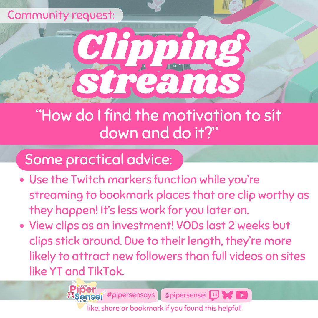 pipersensei's tweet image. โญ๏ธ "How do I find the motivation to clip my streams?" โญ๏ธ
Motivation comes from within~ Making the process easier and a change in perspective may help VTubers and streamers find it!
Thanks for the request @retroversesVT ๐