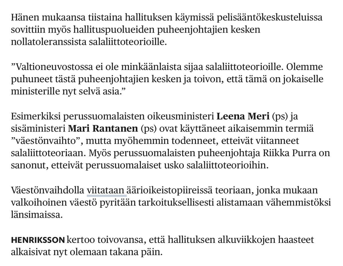 Tasan kaksi vuotta sitten hallituksessa sovittiin, että salaliittoteorioille on nollatoleranssi. Se sama nollatoleranssi oli aiemmin asetettu rasismille.
Jäljellä näistä on oikein hyvä toleranssi mainituille ilmiöille.