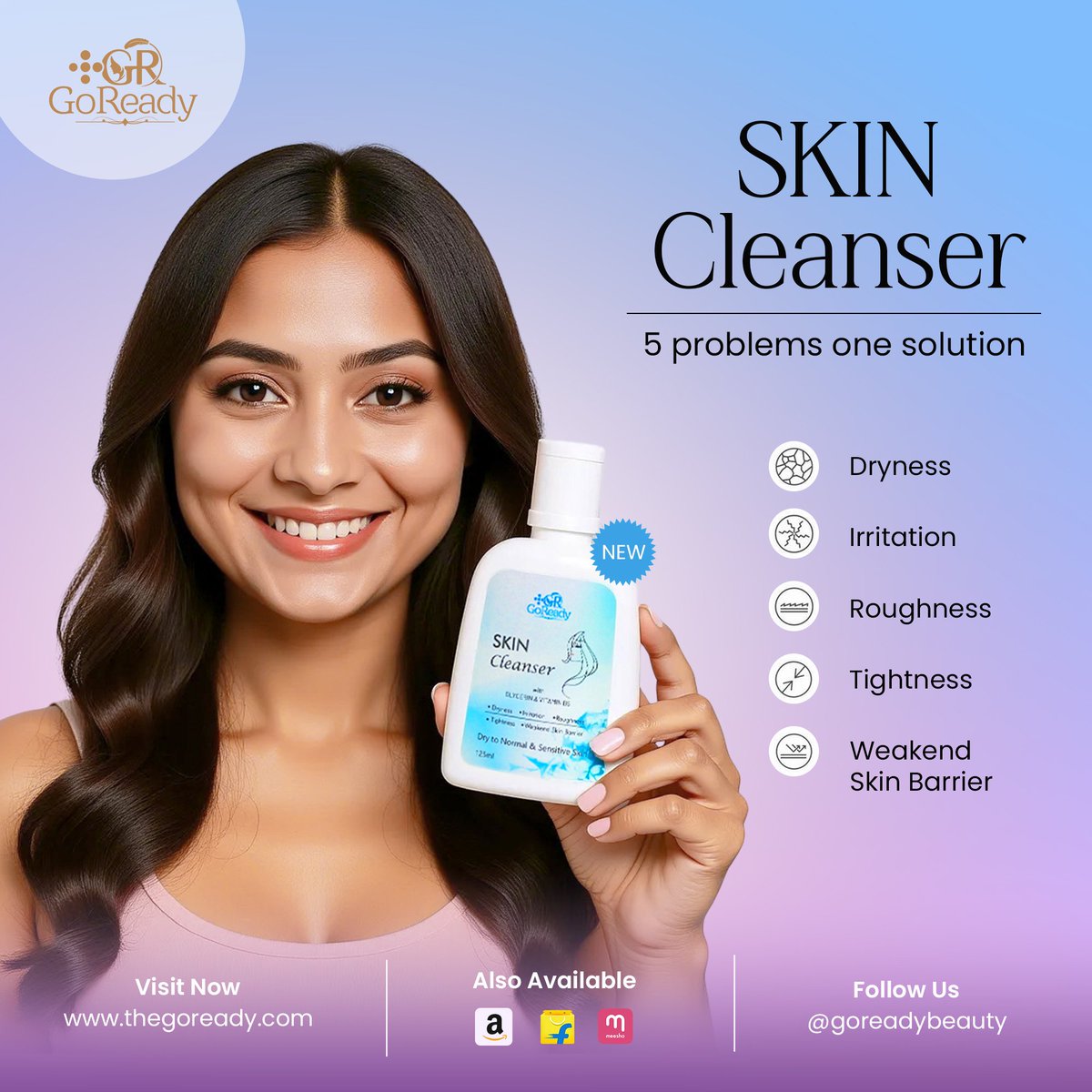 GoReadyServices's tweet photo. Say goodbye to 5 skin problems in one wash! ✨

Introducing New GoReady Skin Cleanser – your daily skin warrior. 

🧴 Dermatologically tested
🌱 Suitable for all skin types

Visit https://t.co/C4VLo8FTf7 or Order from Amazon, Flipkart or Meesho. 🛒

#GoReady #SkinCareIndia https://t.co/yEHtB9bedv